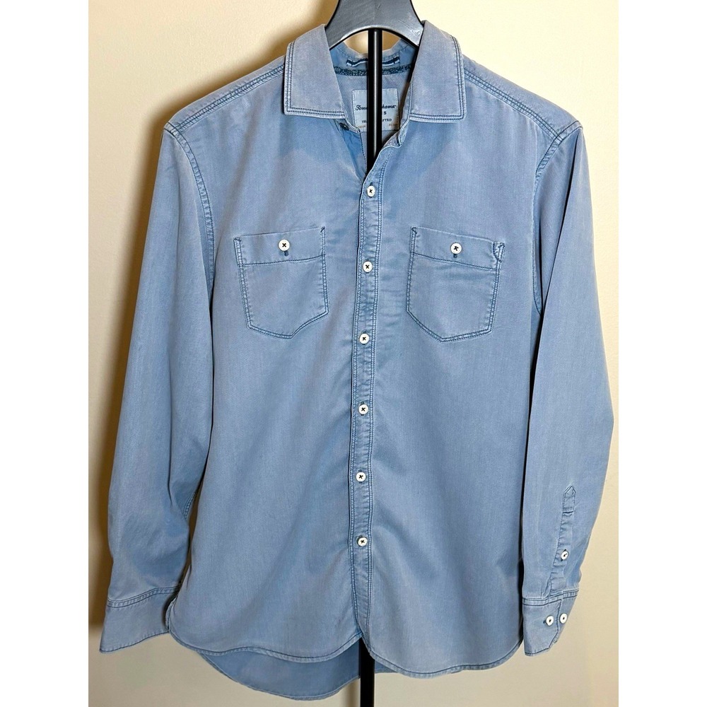 Tommy Bahama Jeans Twill Solid Blue Long Sleeve Button-Up Shirt S Pockets EUC